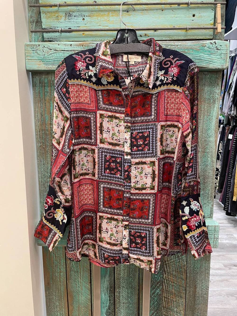 NEW ALL ABOUT HER women's embroidered button blouse in navy multi
